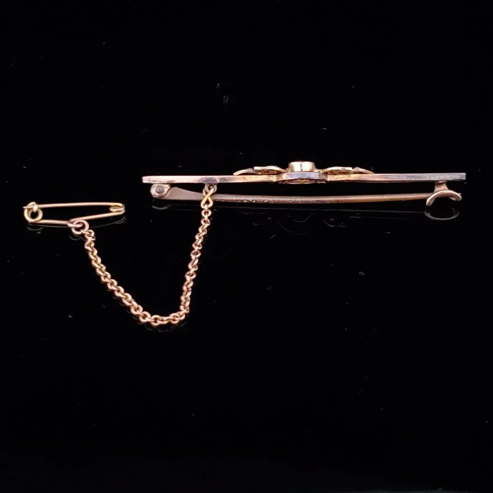 Antique Old Cut Amethyst Seed Pearls 9k Yellow Gold Brooch w Chain English Pin - Picture 6 of 6